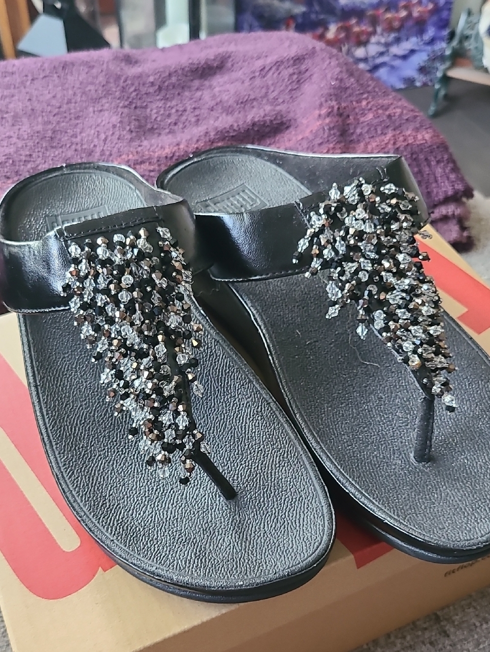 FITFLOP Black Beaded Thong Wedge Sandals - Women's Dress Flip Flops Size 9 - Picture 7 of 10